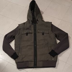 American Stitch Olive and Brown Hooded Puffer Jacket Men's Size M Secret Pocket